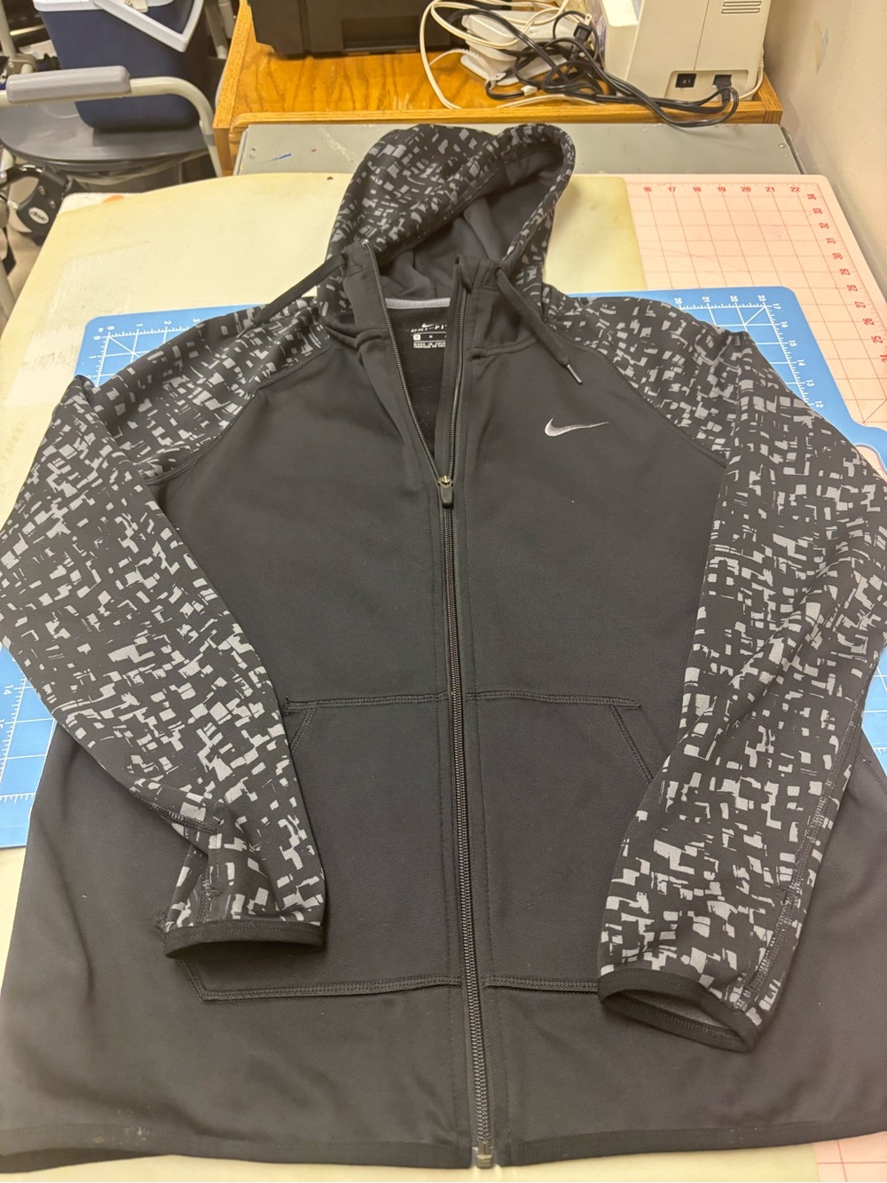 Nike Black and Gray Dri-FIT Zip Hoodie with Patterned Hood